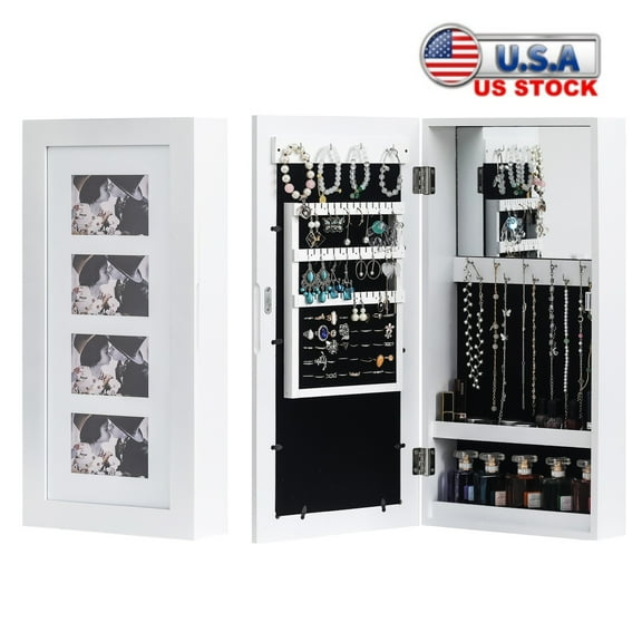 Tcbosik Jewelry Armoire with Photo Frame, Wall Mounted Jewelry Organizer with Built-in Mirror for Bedroom, Space-Saving, White