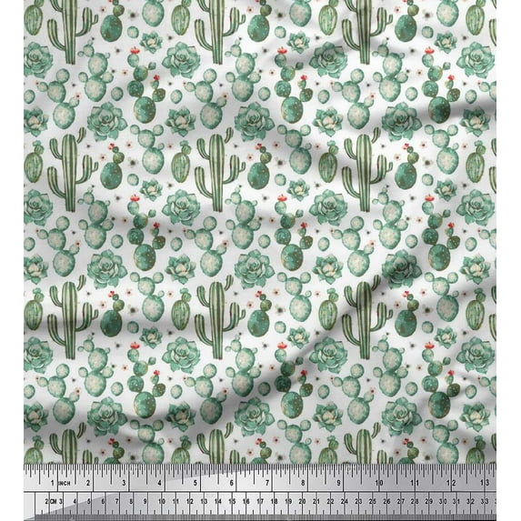 Soimoi Crepe Silk Fabric Floral,Succulents & Cactus Tree Printed Fabric 1 Yard 42 Inch Wide