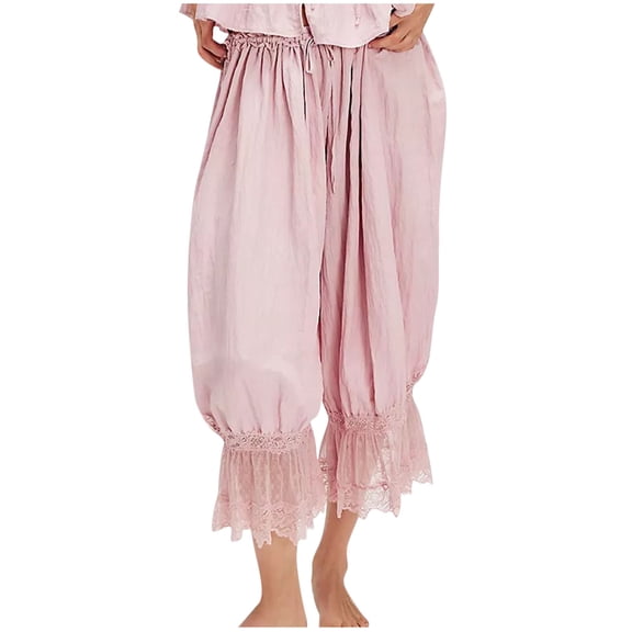 FAHXNVB Women Lace Trim Long Bloomers Elastic Waist Ruffle Pantaloons Cropped Flared Slips Pants Solid Color Soft Comfy Capri Pajama Bottoms,L,Pink