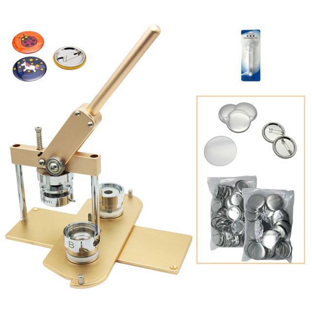 ChiButtons Kit 44mm (1.75") Button Maker Badge Press Machine-B400 + 44mm Round Die Moulds + 100 Set Pin Button Components + Adjustable Circle Cutter (Golden)