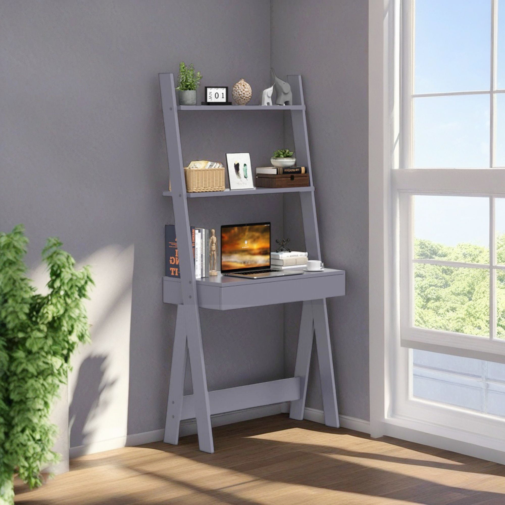 Demi Bonn 3-Tier Ladder Bookshelf, Desk Bookcase with Countertop Drawer and 2 Shelves, Gray