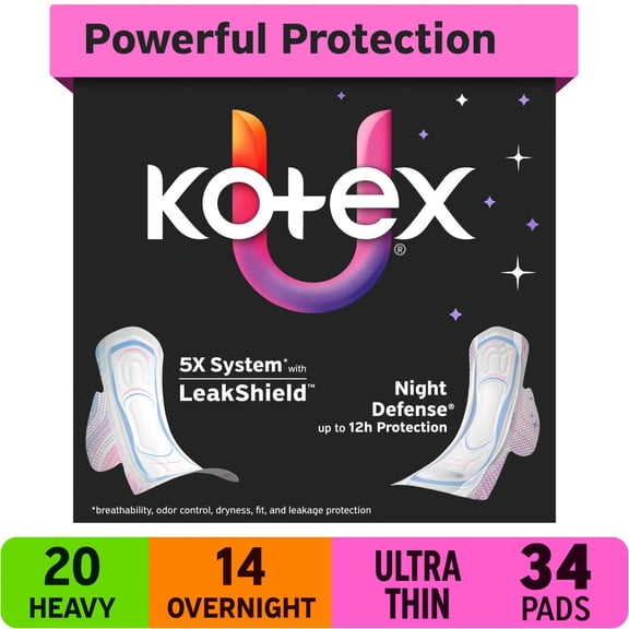 Kotex Ultra Thin Pads, Wings, Heavy & Overnight, 34 Count