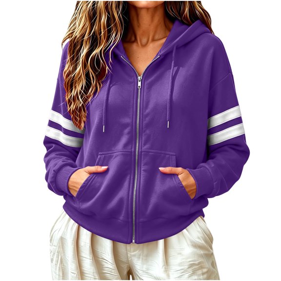 LUVDA Stripe Sleeve Zip Up Hoodie for Women Athletic Sweatshirt with Kangaroo Pocket Casual Loose Fit Top
