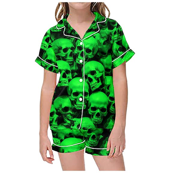 CAIVO 2 Piece Pajama Sets For Kids Children Lapel Halloween Graphic Print Short Sleeve Button Down Shirt Shorts Homewear