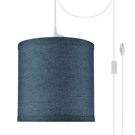 Aspen Creative 71056-21 One-Light Plug-In Swag Pendant Light Conversion Kit with Transitional Drum Fabric Lamp Shade, Washing Blue, 8" width