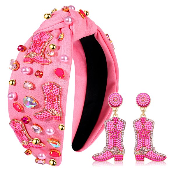 NVENF Western Rhinestone Crystal Knotted Pink Beaded YEEHAW Cowboy Boot Headband Jeweled Embellished Wide Top Knot Western Country Cowgirl Accessories Gifts