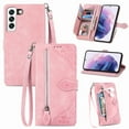 thumbnail image 1 of Feishell Case for Samsung Galaxy S22, Embossed Card Slots Retro Leather Wallet Shockproof Flip Cover with Hand Strap Card Slots Zipper Pocket Kickstand Handbag Magnetic Closure, Pink, 1 of 10