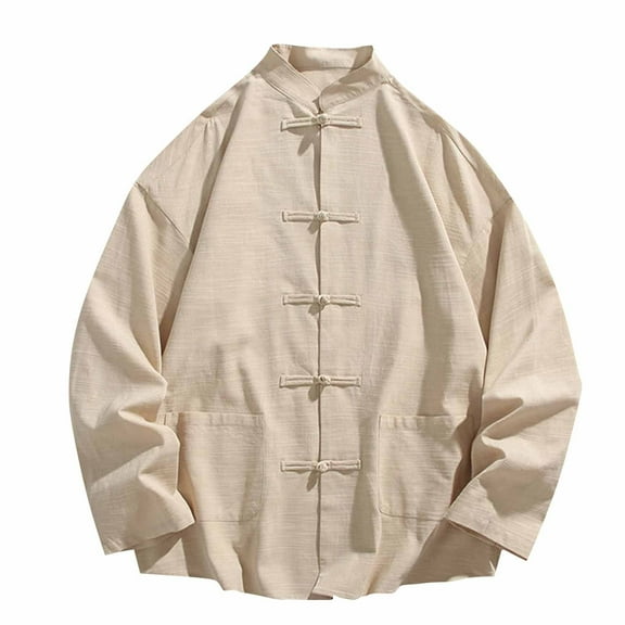 Men's Casual Solid Color Vintage Chinese Cardigan Long Sleeve Jacket with Pocket