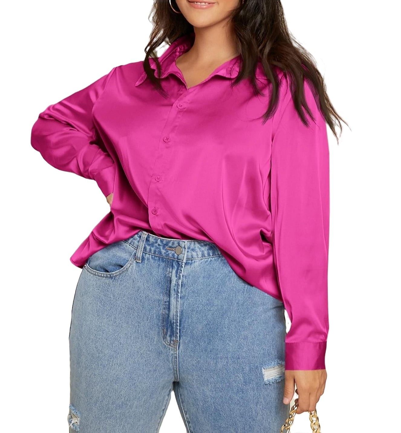 Elegant Solid Collar Shirt Long Hot Pink Plus Blouses (Women's) - Walmart.com