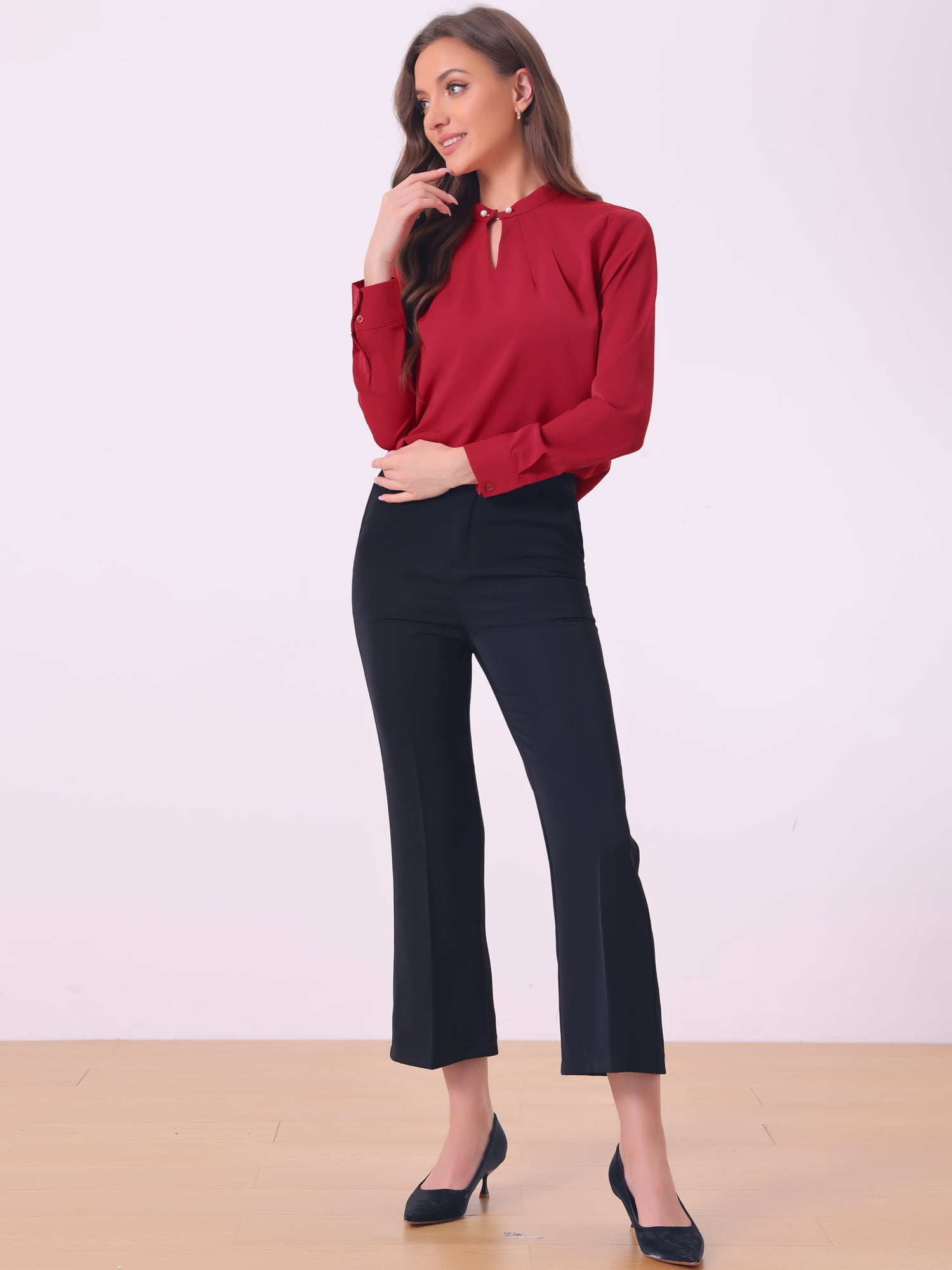 DARING DIVA Women's Pleated Mock Neck Pearl Decor Work Blouses XS Burgundy