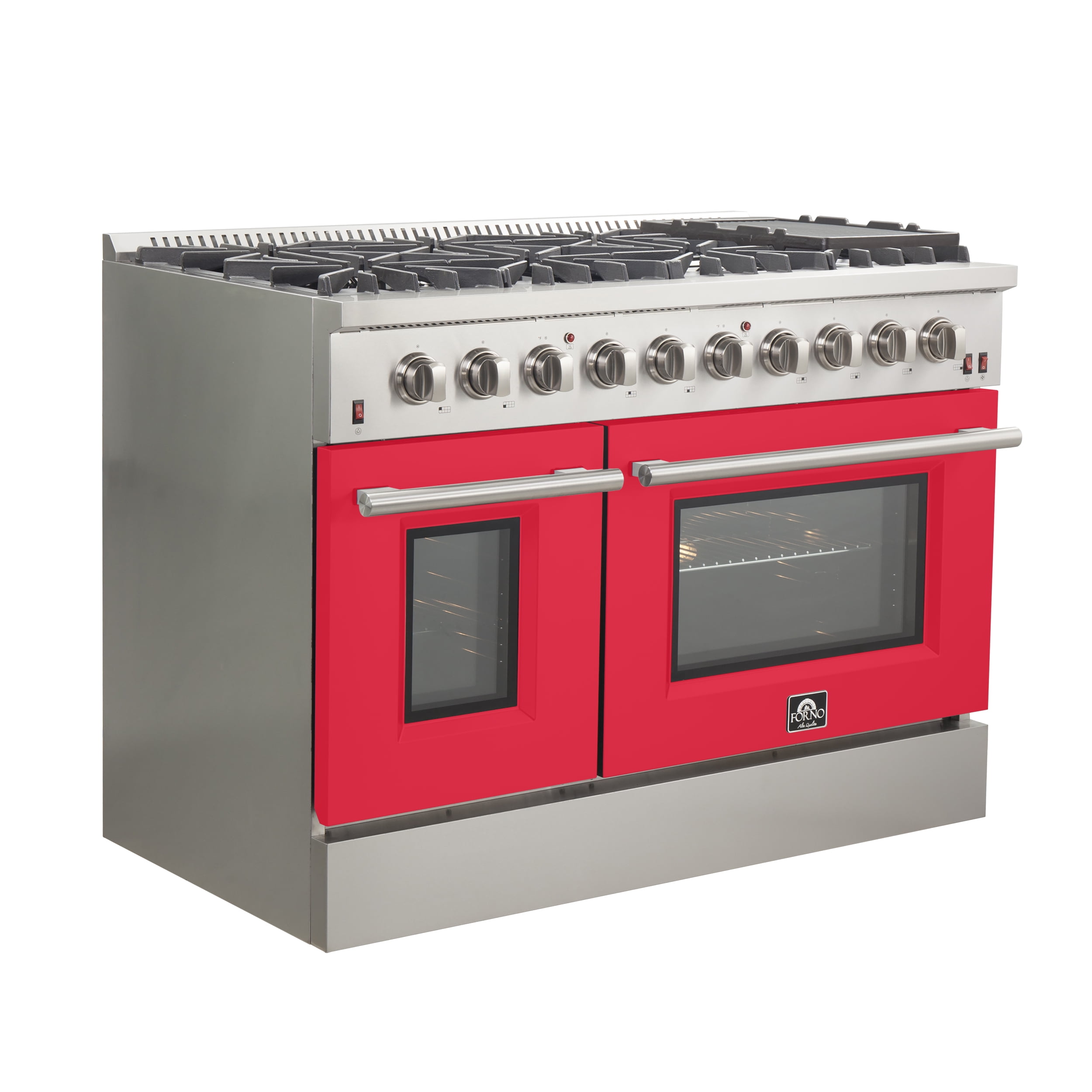 Forno Galiano 48-Inch Freestanding Gas Range, Stainless Steel, 8 Burners, 107,000 BTU, Griddle, Double Ovens, Energy Efficient, Red Doors