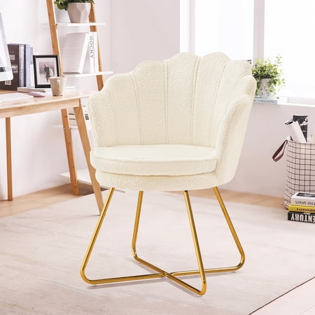 Furniliving Modern Sherpa Accent Chair Shell Back Makeup Chair Upholstered Arm Chair, White