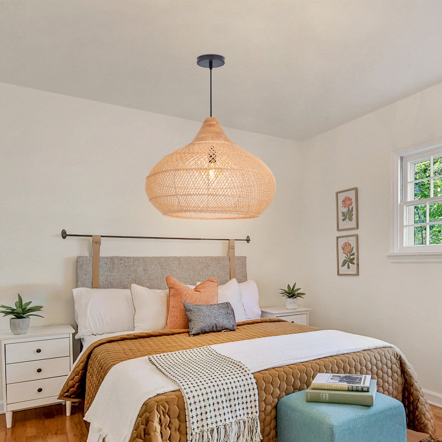 LittleGlovo Rattan Chandelier Hand-Woven Boho Pendant Light Fixtures with Solid Wood Basket Wicker Chandelier for Dining Room Kitchen Island Living Room