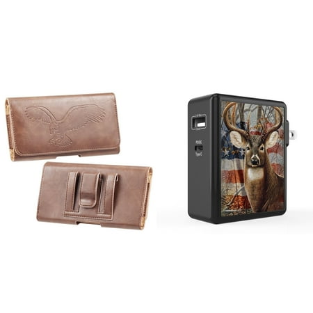 

Holster and Wall Charger Bundle for Nokia C200: Eagle Horizontal Belt Pouch Case (Brown) and 45W 2 Port (Power Delivery USB-C USB-A) Power Adapter (American Deer Camo)