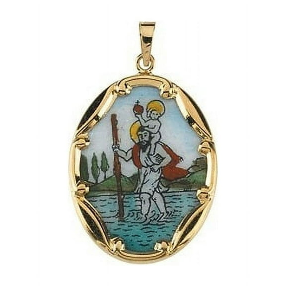 Picturesongold.Com Porcelain Saint Christopher Religious Medal Necklace Pendants - Solid 14k Yellow Gold 1 in x 3/4 in