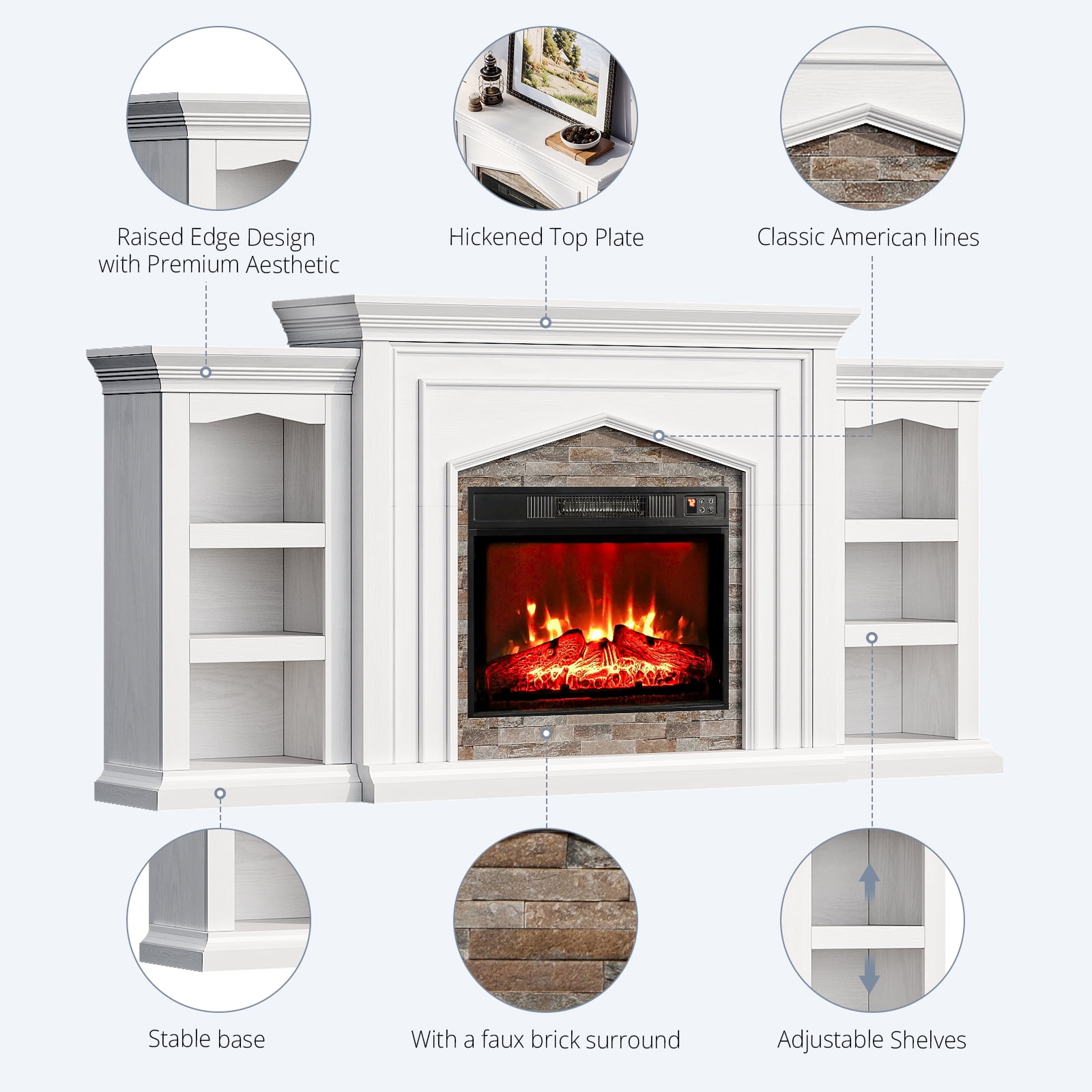 LGHM 80" Fireplace TV Stand with Storage & Bookshelves, Electric Fireplace with Mantel, Farmhouse Entertainment Center for TVs up to 90", White