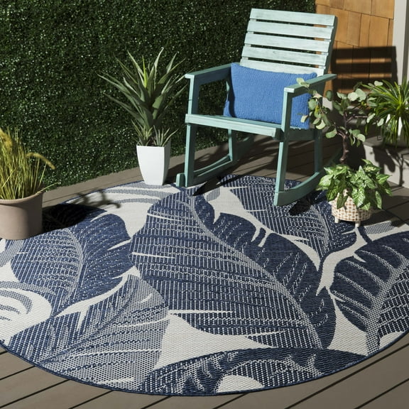 SAFAVIEH Beach House Quintella Botanical Indoor/Outdoor Area Rug, Navy/Ivory, 6'7" x 6'7" Round