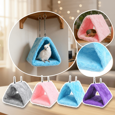 12 Inch Bird Nest Plush Hanging Hammock for Cage Large Comfortable Winter Warm Bed for Parrots and Cockatiels Triangular Hut in Blue