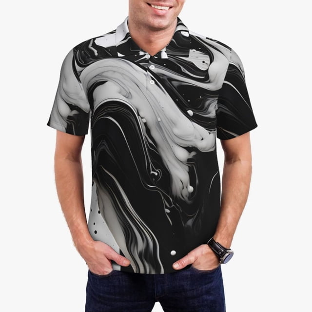 Balery Fluid Black White Paint Swirls Camisa Polo de Hombre con Estampado, de Manga Corta y Tejido Medio, Camisa Tipo Golf Polo-3X-Large