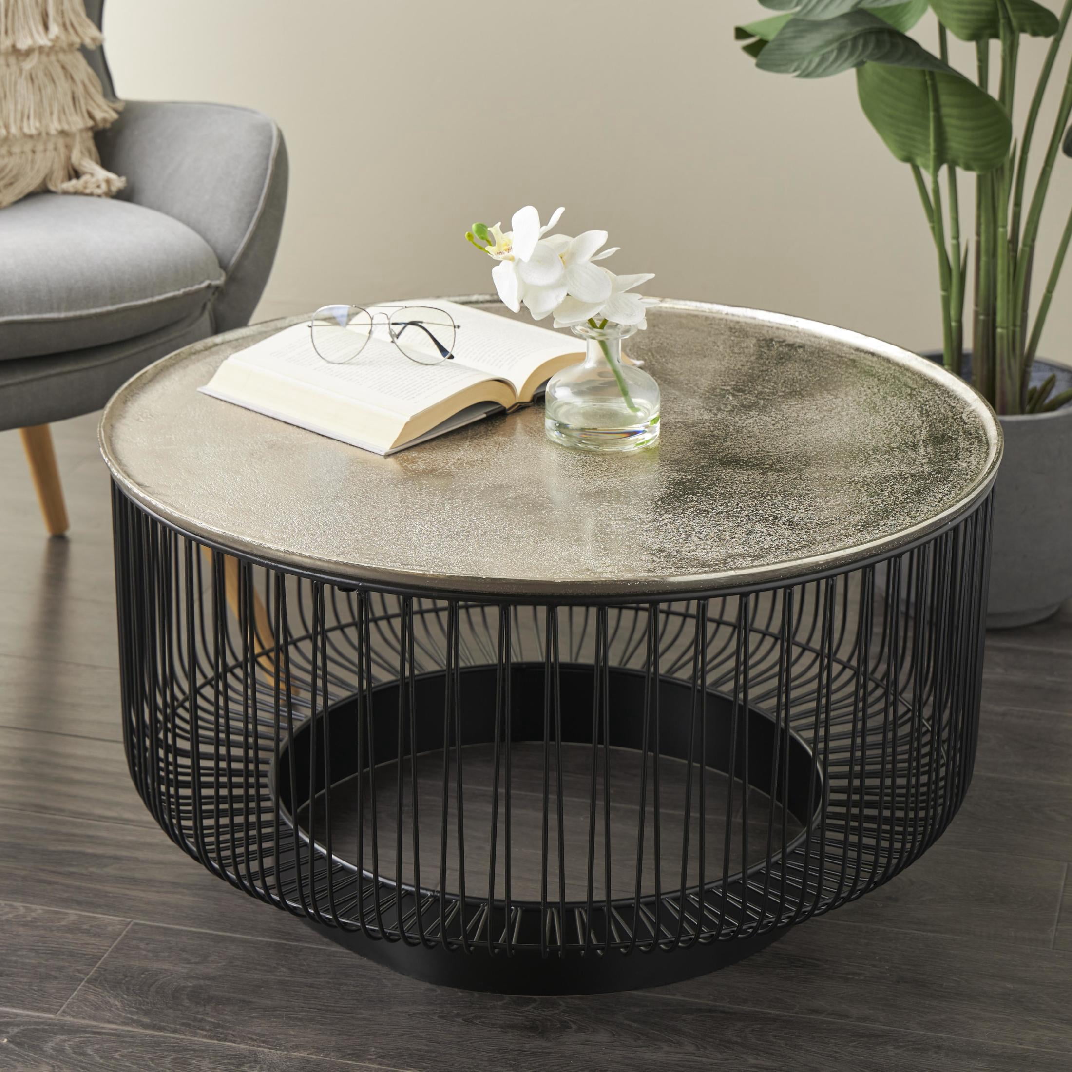 DecMode 30" x 17" Black Aluminum Metal Open Frame Wire Geometric Coffee Table with Silver Aluminum Top, 1-Piece