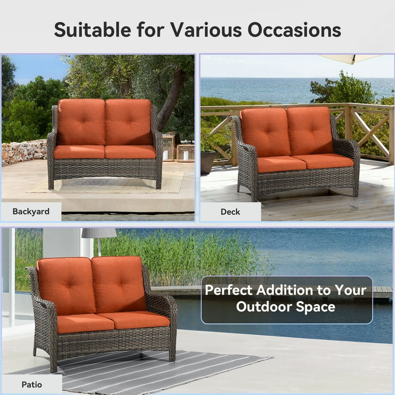 Meetleisure 1 piece 49 Wide 2 Seat Outdoor Wicker Patio Sofa with Tufted Cushions Orange