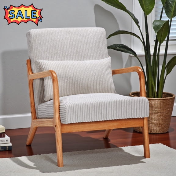 Tcbosik Upholstered Accent Chair with Pillow, Mid-Century Modern Armchair with Solid Wood Frame, Lounge Reading Chair, Living Room Chair for Bedroom, Balcony, Easy Assembly, Beige