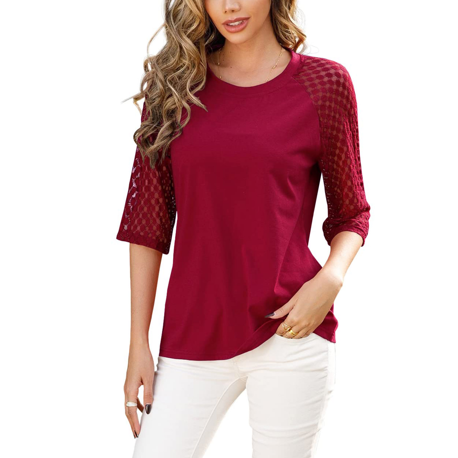 Gupbes 3 Quarter Sleeve Blouse,Lace 3 Quarter Sleeve Tops,Summer Lace 3