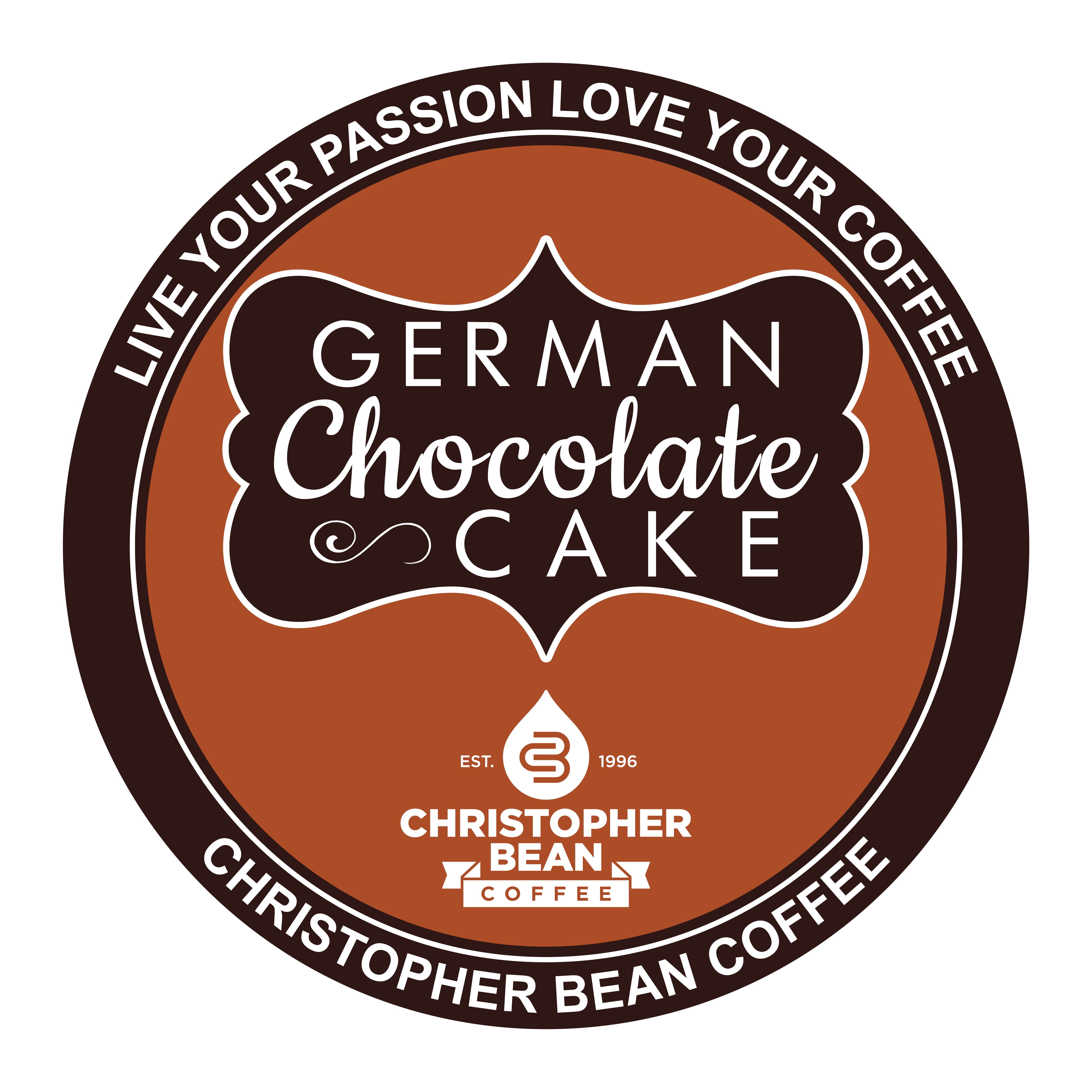 German Chocolate Cake Single Coffee Cup, (Regular) 100% Recyclable Single Serve Flavored Pod, 100% Arabica, No Sugar, No Fats, Non-GMO, 18 Cups of Regular Coffee Per Box - Christopher Bean