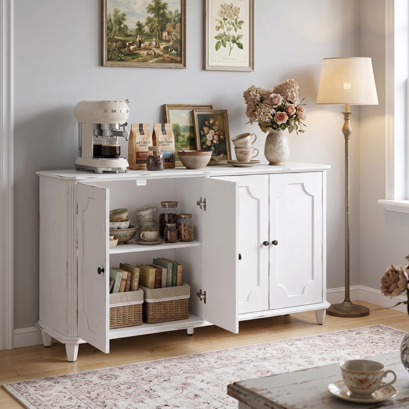 Distressed Farmhouse Buffet Sideboard Cabinet, 4 Embossed-Door Storage Cupboard, Versatile Cabinet with Adjustable Shelf