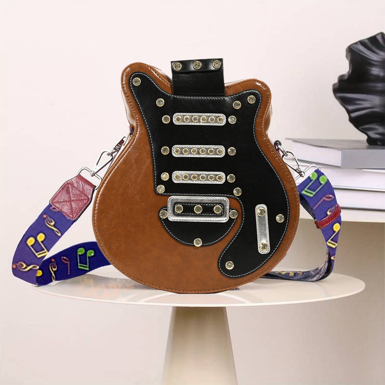Grrvtrz Unique Guitar Shape Backpack Rhinestone Rivets Daypack Crossbody Bag Shoulder Bag with Gradient Color Strap 28x8x31cm P-U Leather Sling Bag,Storage And Organization,Closet Storage