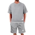 thumbnail image 5 of HAJWOH Men Two Piece Outfits Sets Waffle Knit Crew Neck Short Sleeve Shirts Elastic Waist Bermuda Shorts Set Tracksuit, 5 of 5