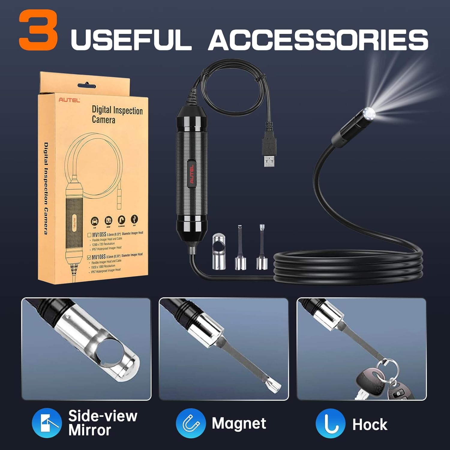 AUTEL MaxiVideo MV108S Inspection Camera, Waterproof 8.5mm Imager USB Endoscope with Light, 1920x1080 HD 2MP Borescope for Autel Scanner & PC