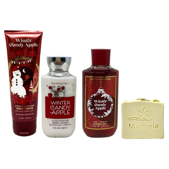Bath & Body Works Winter Candy Apple Gif Set- Lotion, Body Cream and Shower Gel with a Marbela Wild Jasmine Bar Soap.