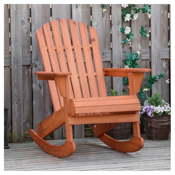 Adirondack Rocking Chair, Teak Finish, Slatted Wood, Ergonomic Design, Outdoor Patio Furniture for Porch, Backyard, Rustic Style