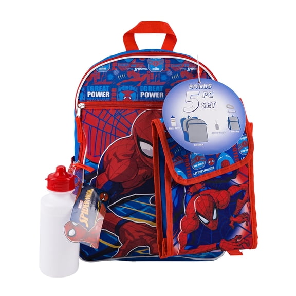 Bioworld Spiderman 5pc 16" Backpack Set- lunch bag, water bottle, carabiner clip & Keychain