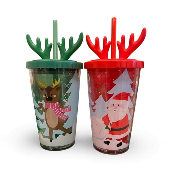 Green Christmas Goblet with Antlers and Straw