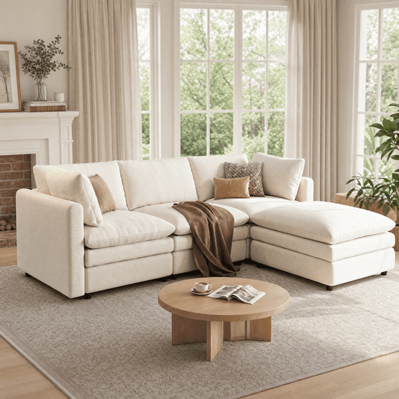 Gacale 97" L Shaped Cloud Couch Modular Sectional Sofa with 1 Ottoman, 4-Seat Deep Seat Sofa Modern for Living Room Apartment, Beige