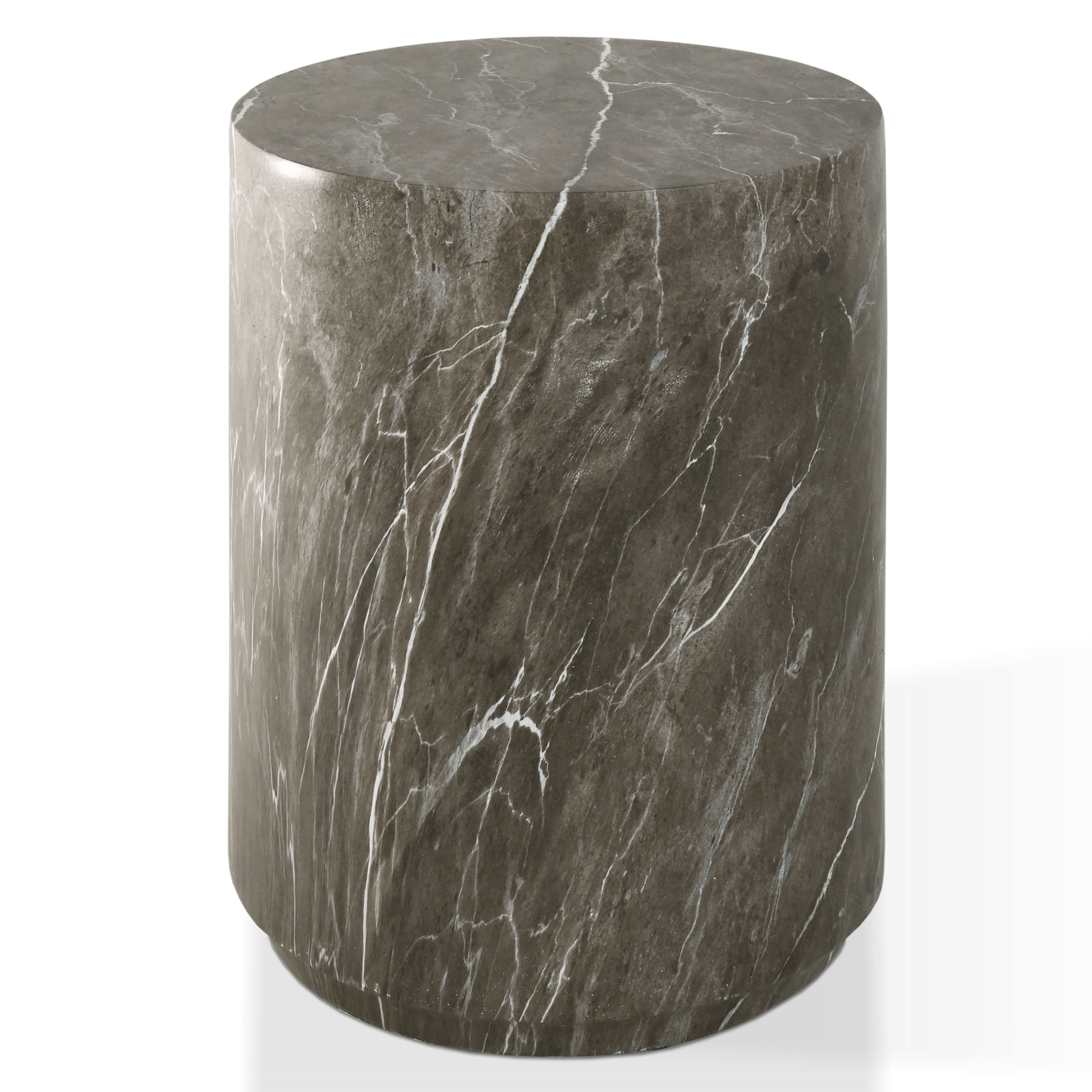 Furniture of America Isla Modern Stone Indoor & Covered Patio Round Drum End Table, Brown Gray Marble