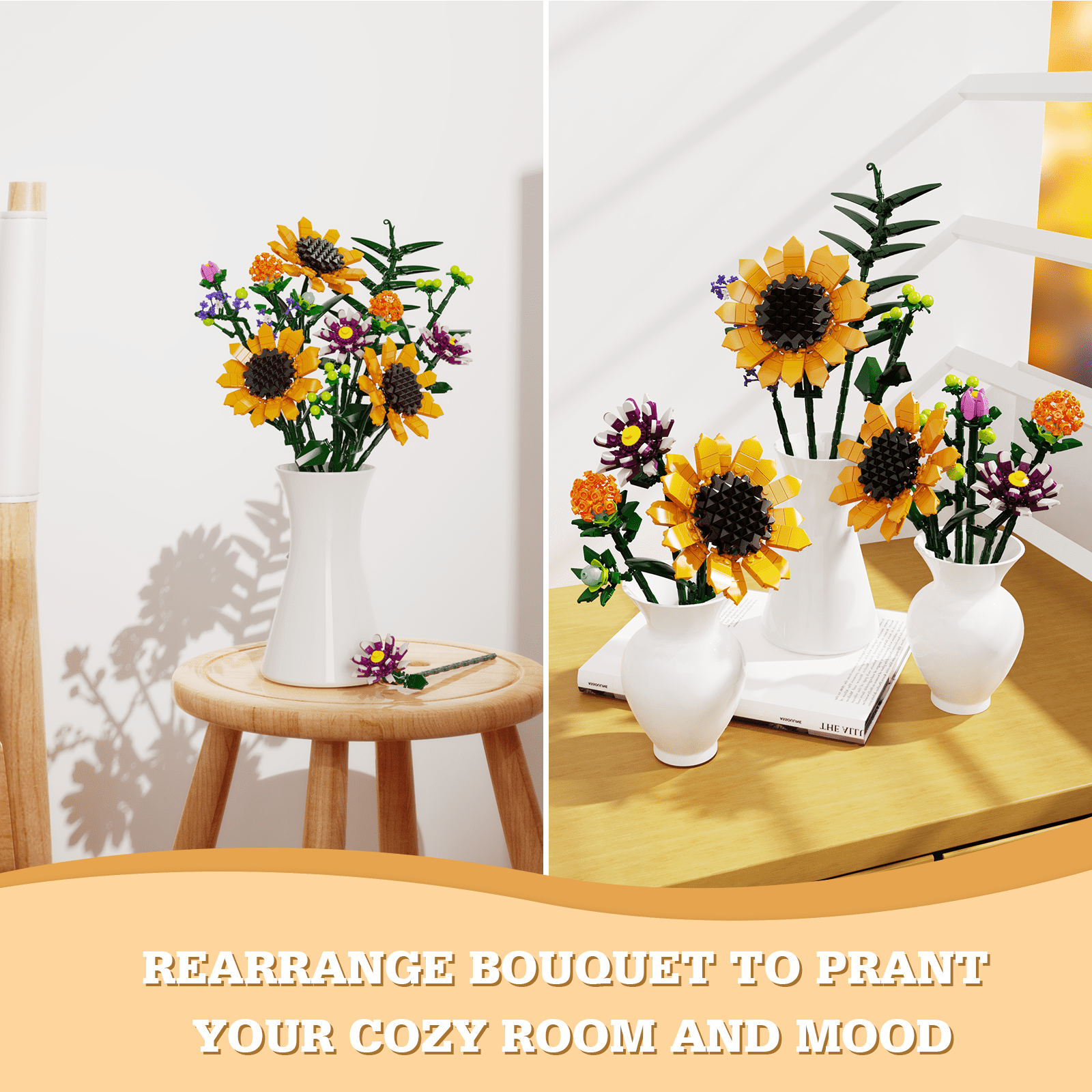 Sunflower Bouquet Building Set, Flower Botanical Collection Blocks Kit Compatible with Lego for Adults Women and Teens Girls 8+ Valentines Day Artificial Flower Decor (1161PCS)
