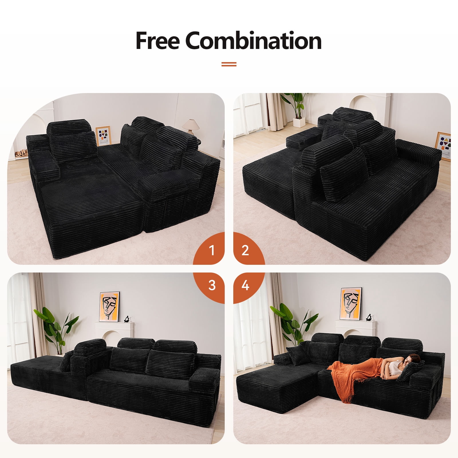 106" High Backrest Sectional Sofa&Couch, L-Shape Sectional Sofa Convertible Left or Right Chaise, Cloud Corduroy, Boneless Couches Comfortable for Living Room, Black
