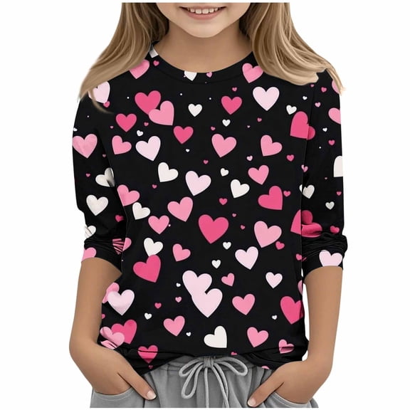Cethrio Girls Valentine's Day Tops, Fashion 3/4 Sleeve Crew Neck Casual Girls T-Shirts Black Size 7-8 T
