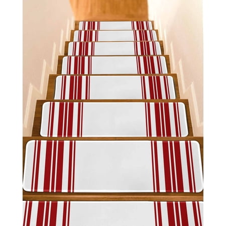 Dark Red and White Striped Stair Treads Modern Minimalist Vertical Lines Indoor Non Slip Peel and Stick Stair Treads for Wooden Steps 7 PCS, Soft Adhesive Staircase Mats Runner Rugs 8"x30"