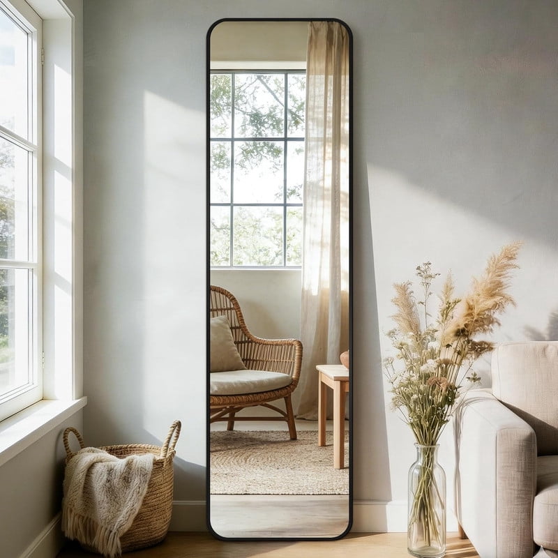 Gleamira 16"x 59" Rectangular Full Length Mirror with Rounded Corners Floor Mirror With Aluminum Alloy Frame,Black