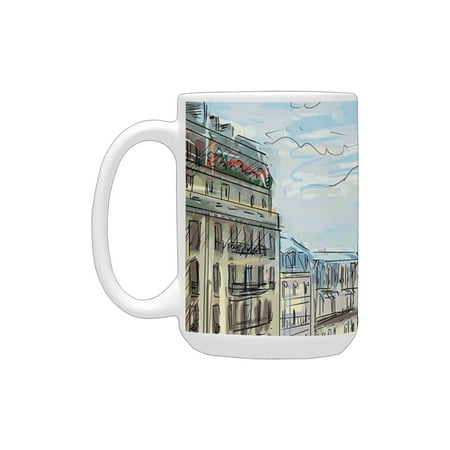 

Paris City Decor Collection Street In Paris Town Traffic Trees Downtown Urban Life Exterior Monument Ceramic Mug (15 OZ) (Made In USA)
