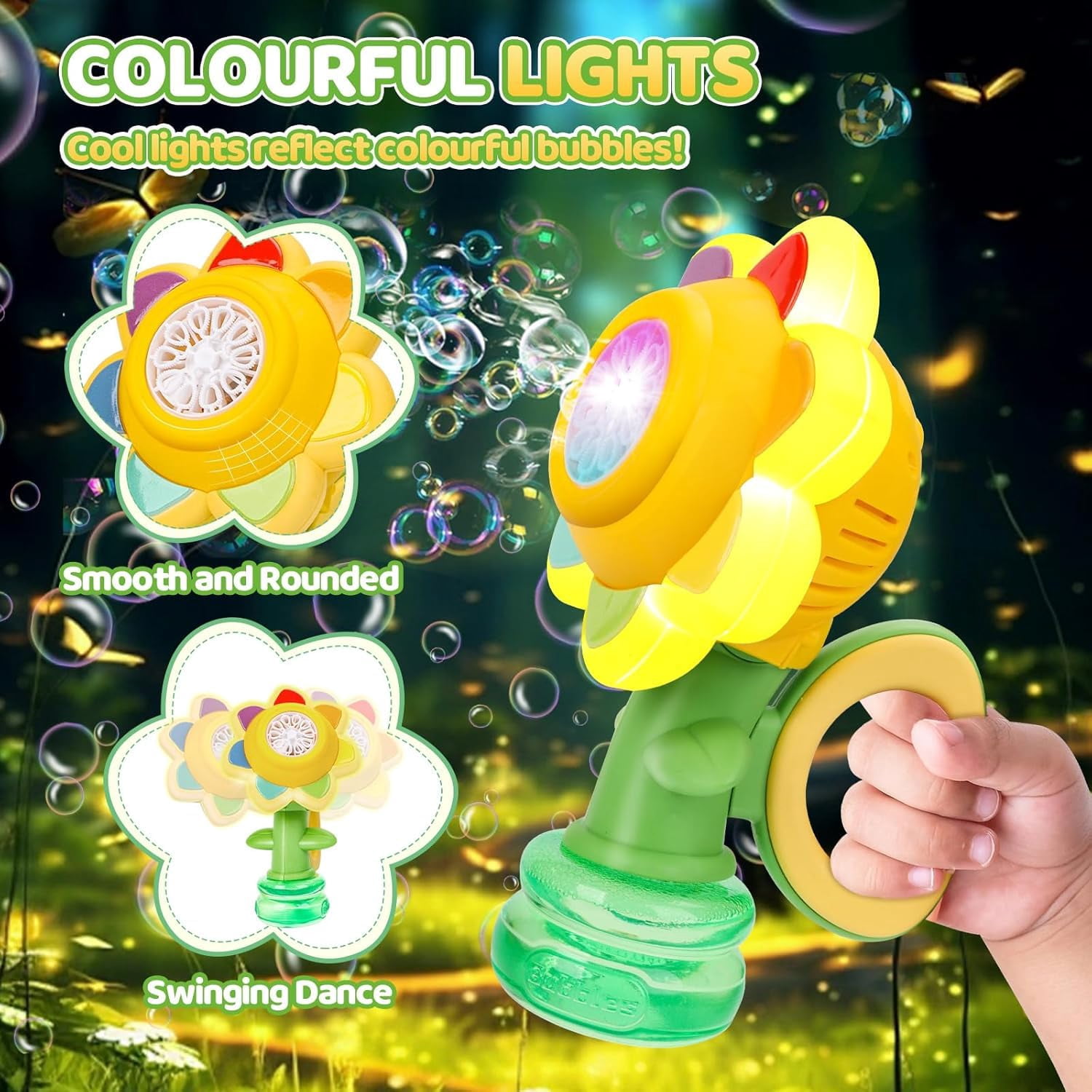 Sunflower Bubble Machine for Bath, Rechargeable Automatic Bubble Maker with LED Lights, Dancing Bubble Blower with 3 Modes, Leak-Proof Tank, Includes 10 Pack Bubble Solution for Bathroom & Party Use