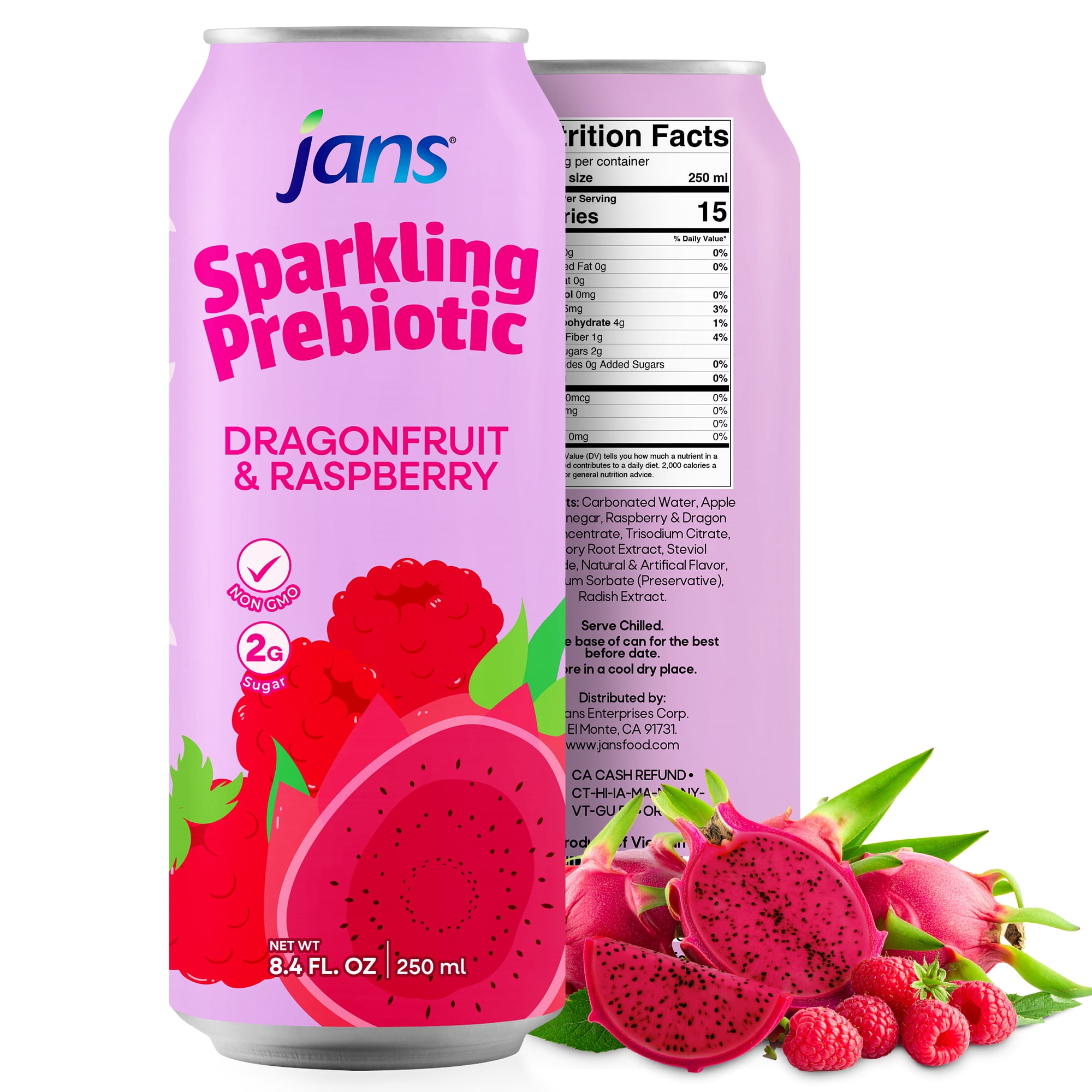 Jans Sparkling Prebiotic Soda Beverage, 8.4 oz Cans – Low Calorie, No Added Sugar – Non-GMO Sparkling Fruit Beverage – Gut Health Support – Naturally Refreshing (24-Pack, Dragonfruit & Raspberry)
