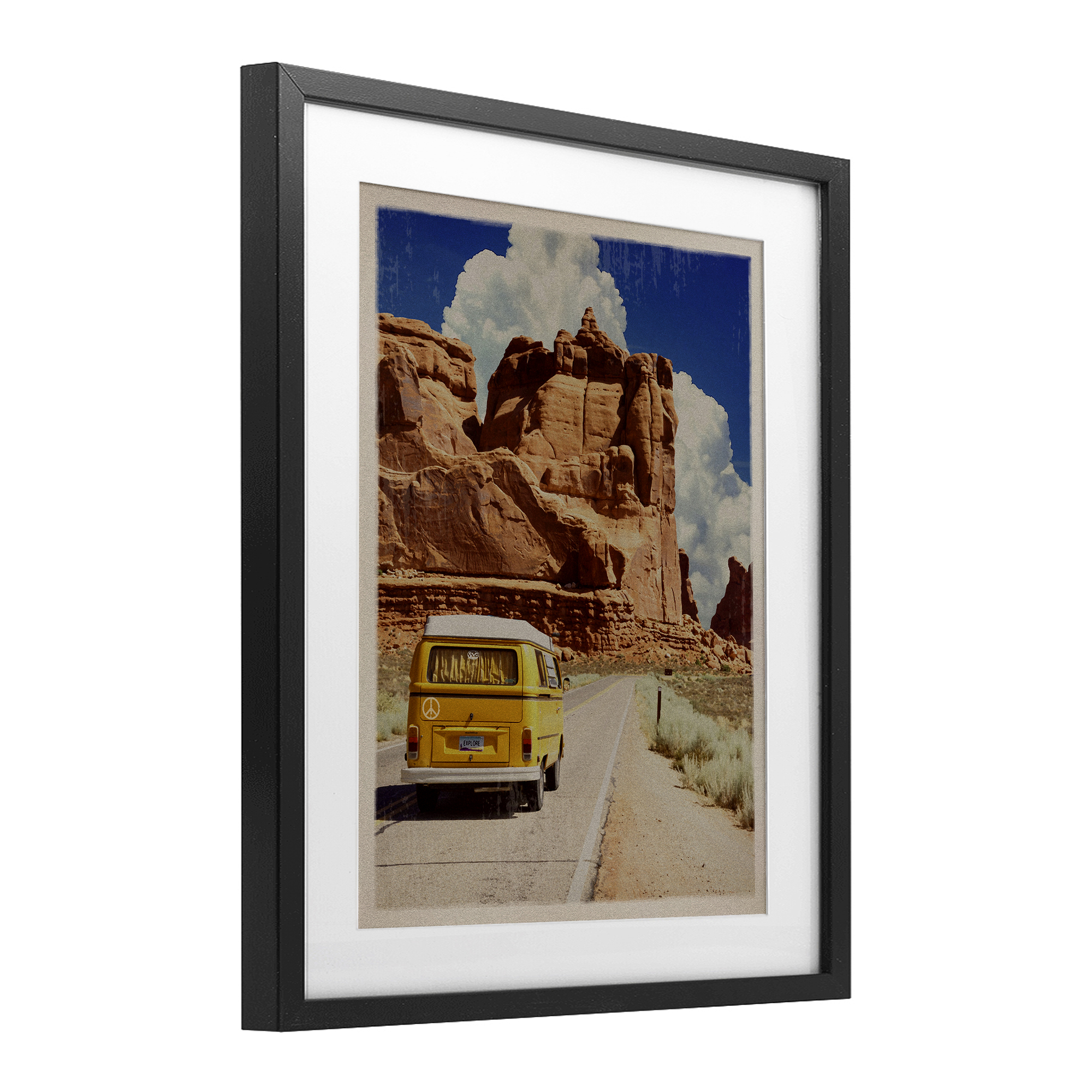 Retro Desert Adventure Black Framed Print Under Glass, design by Old Red Truck