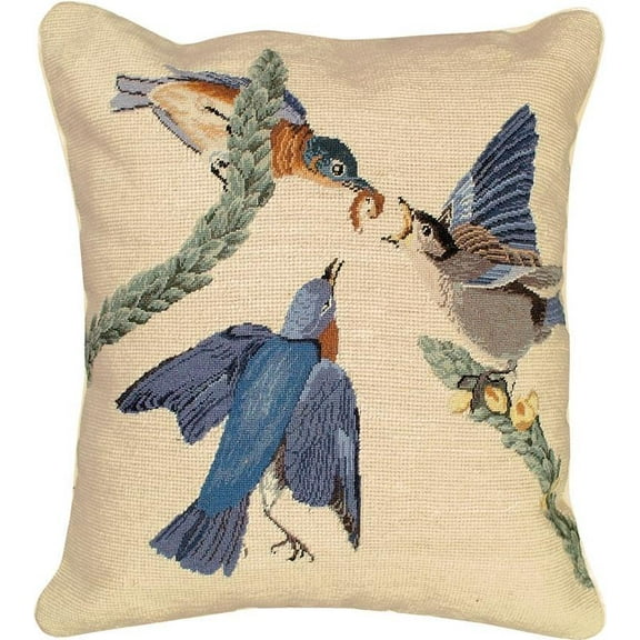 Throw Pillow Needlepoint John James Audubon Eastern Bluebird Bird 18x18 Beige