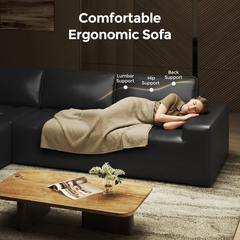 PATBRELA Sectional Sofa, 101" L-Shaped Deep Seat Cloud Couch, Modular Sofa with Back Cushion for Living Room Bedroom, PU Leather, No Assembly Required, Black (Left Facing Chaise)