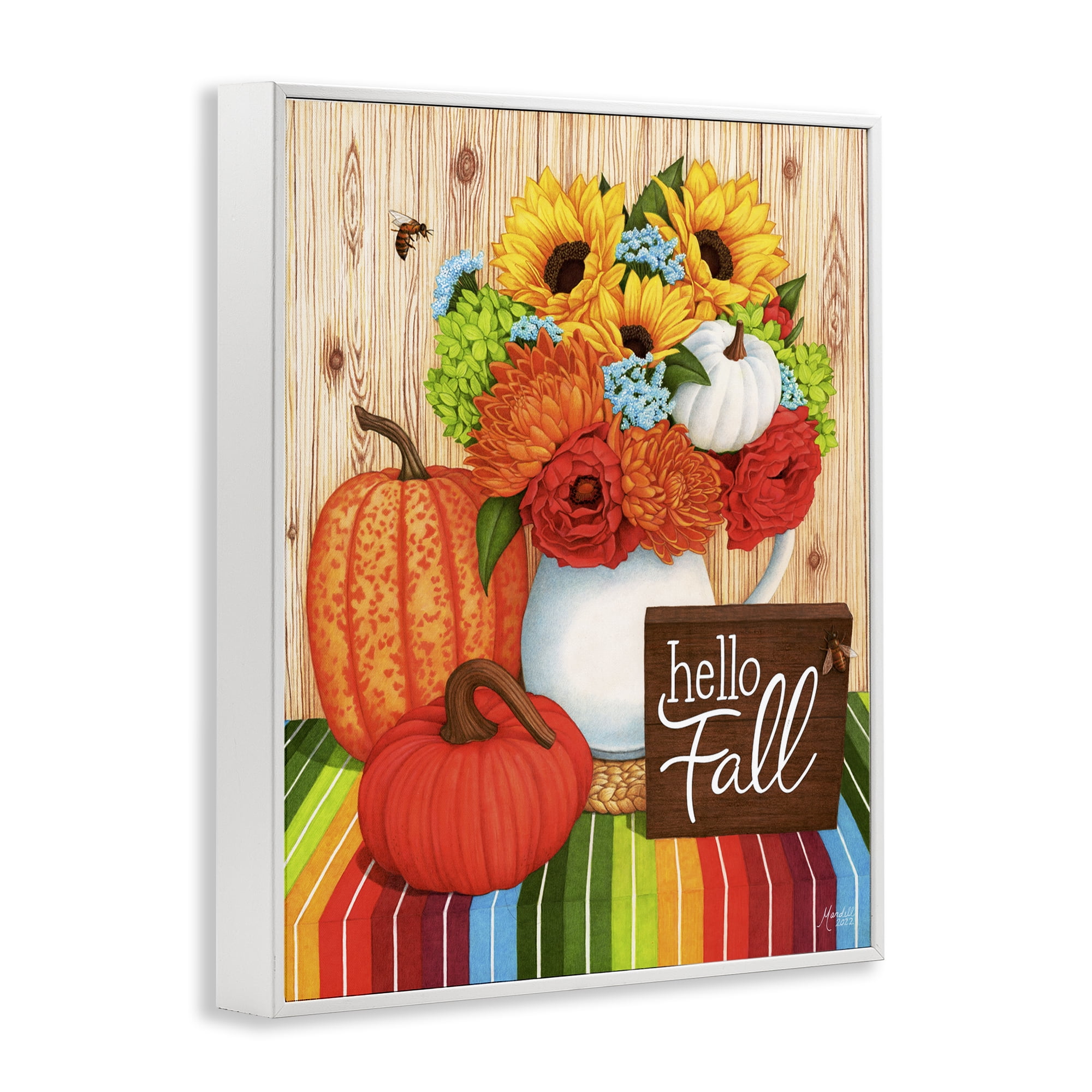 Stupell Industries Hello Fall Rainbow Pumpkins Holiday Painting White Framed Art Prints Wall Art, 16 x 20